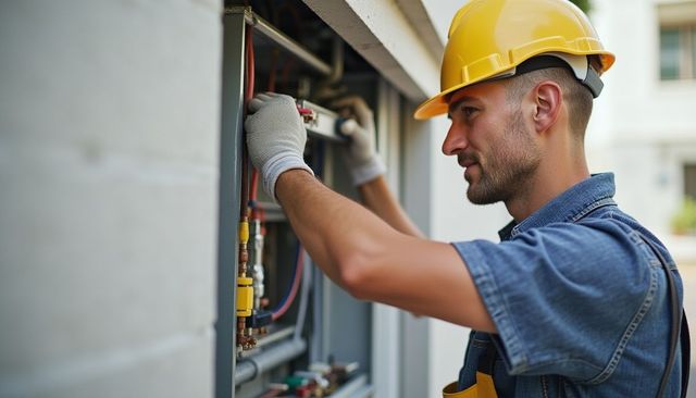 Electrician working on electrical panel, wearing gloves and hard hat.