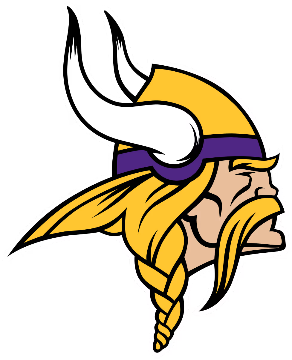 Minnesota Vikings team logo showing a profile of a Viking warrior wearing a yellow helmet with horns and a braided beard.