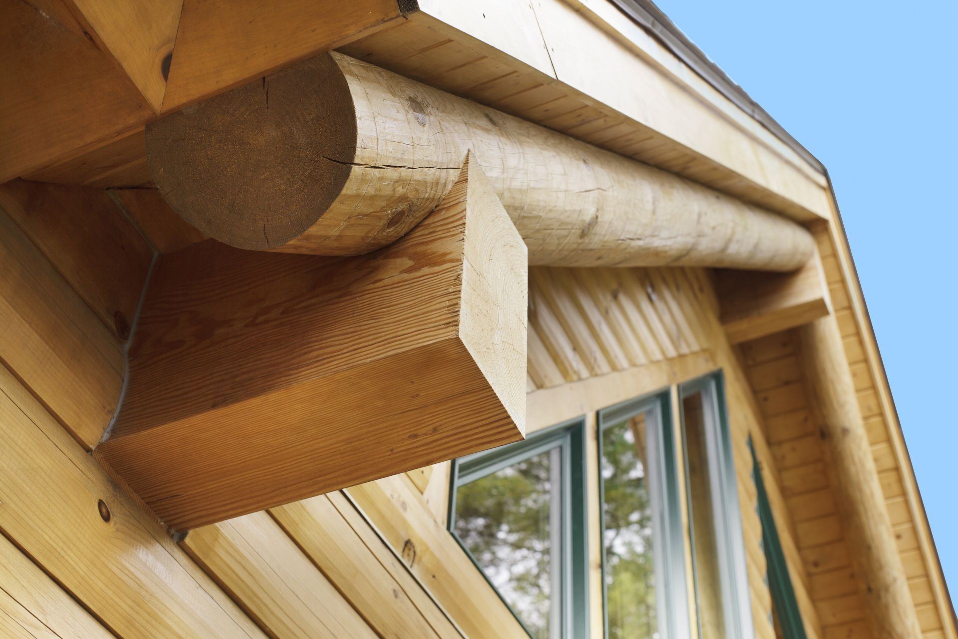 looking up at a bean of a log home