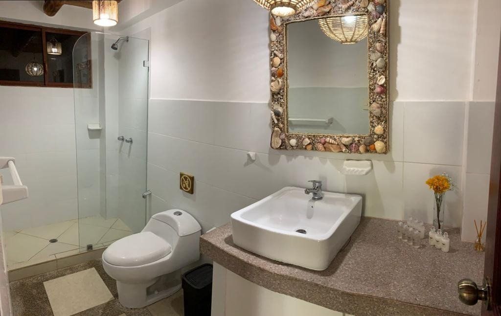 Full bathroom with beach aesthetic