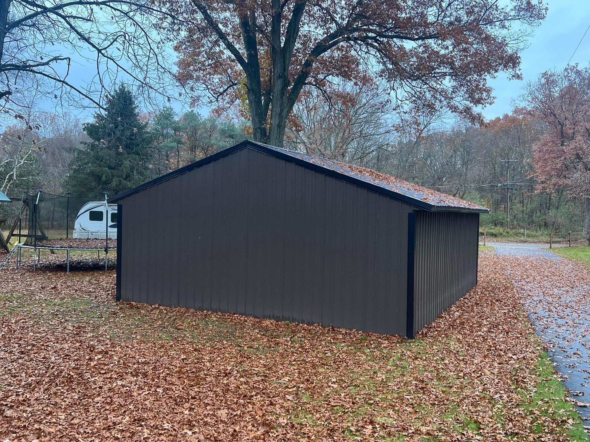 Brown shed in a leaf-covered yard beside a road, with bare trees in the background