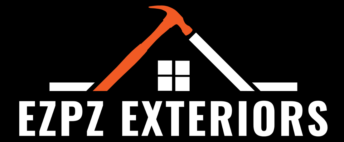EZPZ Exteriors logo with an orange-and-white roof and window icon on a black background