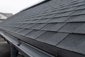 Close-up of a dark gray shingled roof and rain gutter on a house
