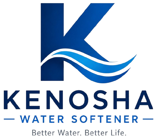 Kenosha Water Softener Logo with Large Letter K, Blue Wave Graphic, Better Water Tagline, and Company Name in Kenosha, WI