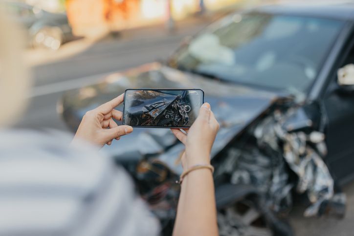 Person photographing a heavily damaged black car on a city street from a close-up view