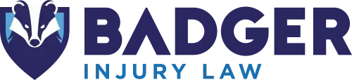 Badger Injury Law logo with blue badger shield icon and bold blue text.
