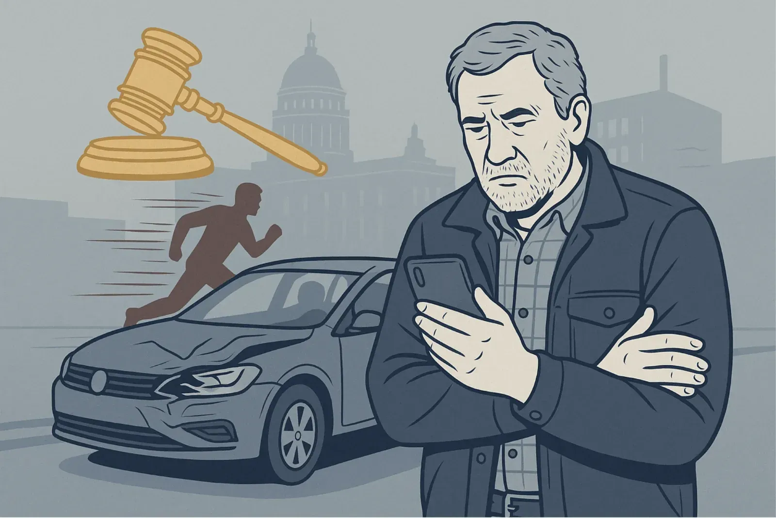 Man standing with crossed arms beside a damaged car, with a judge’s gavel and fleeing figure in the background.