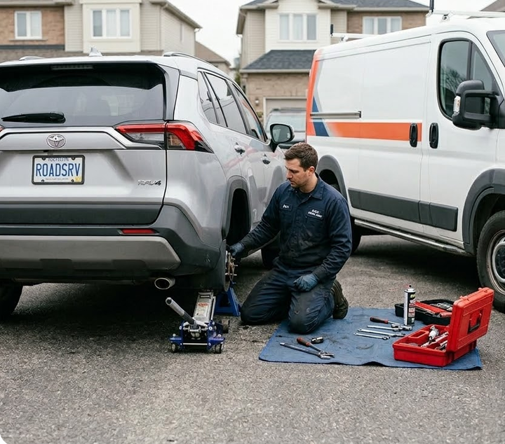 A mechanic kneels on a blue mat, working on a silver SUV parked in a driveway next to a white service van.