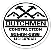 Dutchmen Construction logo with stylized roofline and crossed tools, phone number 951-796-2800, license 1070131