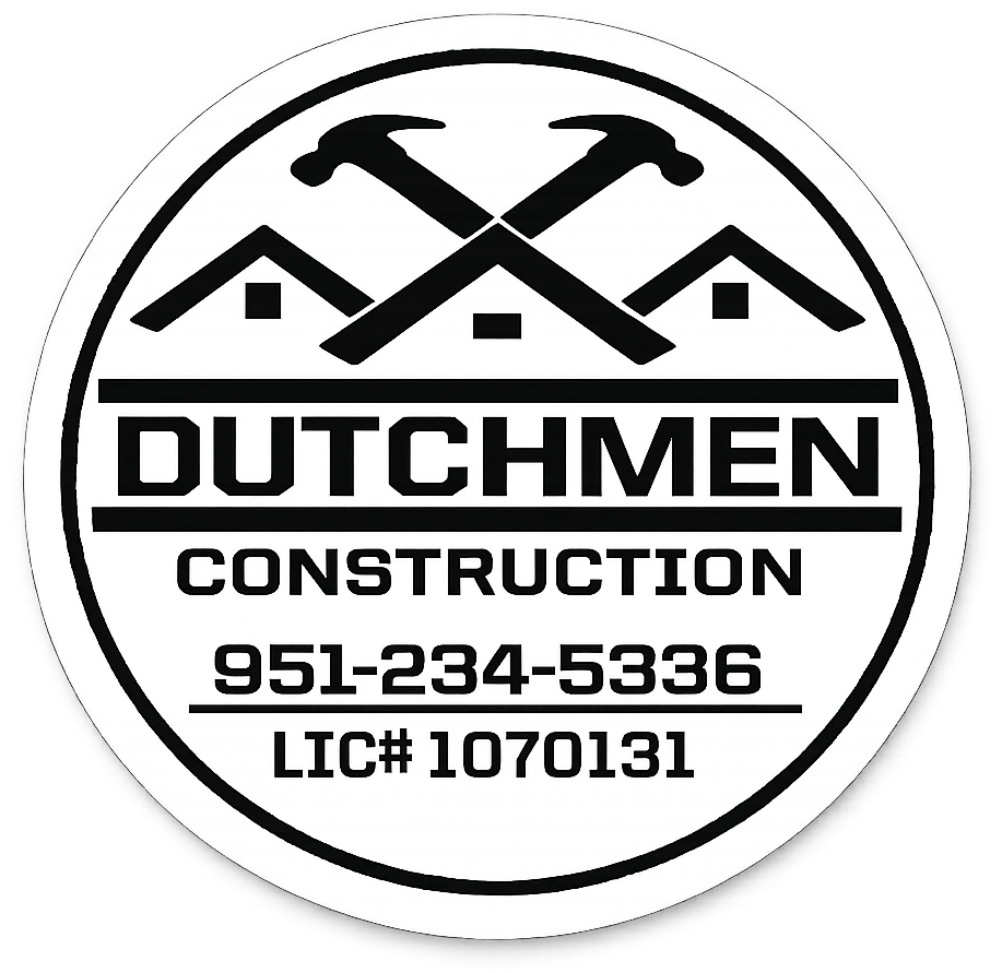 Dutchmen Construction logo with stylized roofline and crossed tools, phone number 951-796-2800, license 1070131