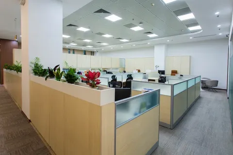 Modern office cubicle workspace with light wood desks, glass partitions, and potted plants under bright ceiling lights