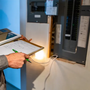 Person holding a clipboard near an open electrical panel, using a flashlight to inspect wiring.