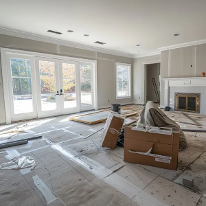 Unfinished living room with fireplace, large windows, and boxes covered in protective floor sheeting