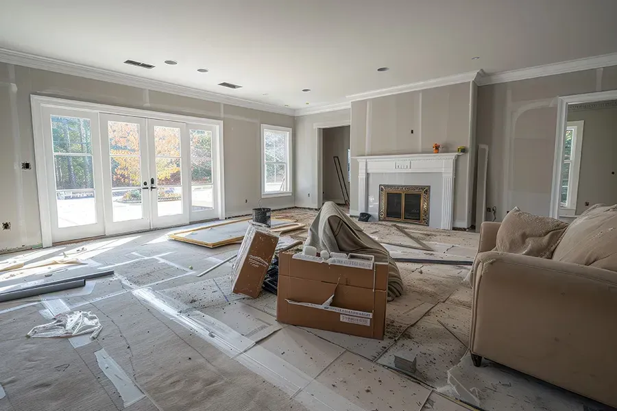 Renovated living room with scattered tools, boxes, and debris near a fireplace and large windows.