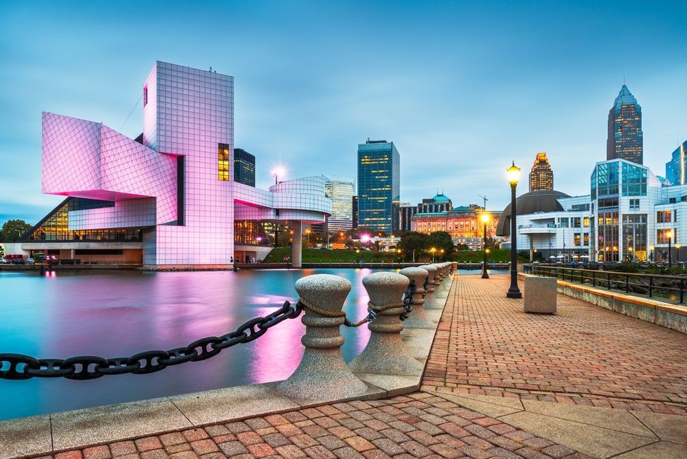 Cleveland, Ohio, USA downtown city skyline and harbor at twilight.