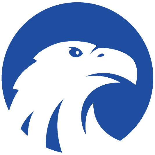White eagle head silhouette in a blue circle, facing right.