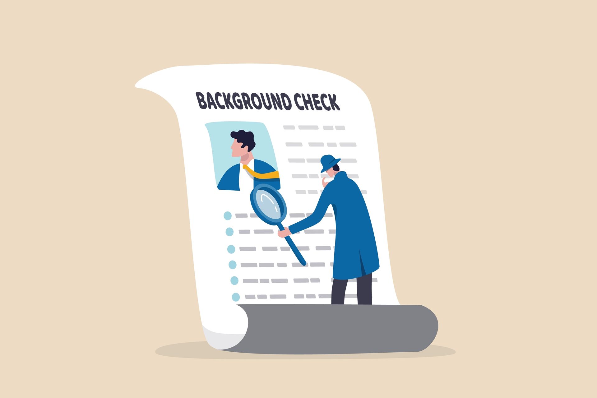 A man is looking at a background check with a magnifying glass.