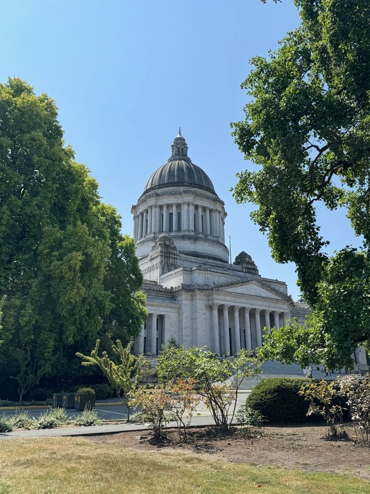 Washington State Capitol Building, Olympia. A classical building with a dome, flanked by green lawns, trees, and a pathway lined with red and yellow tulips.