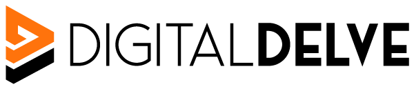 Logo of Digital Delve with an orange and black arrow-shaped design and text.