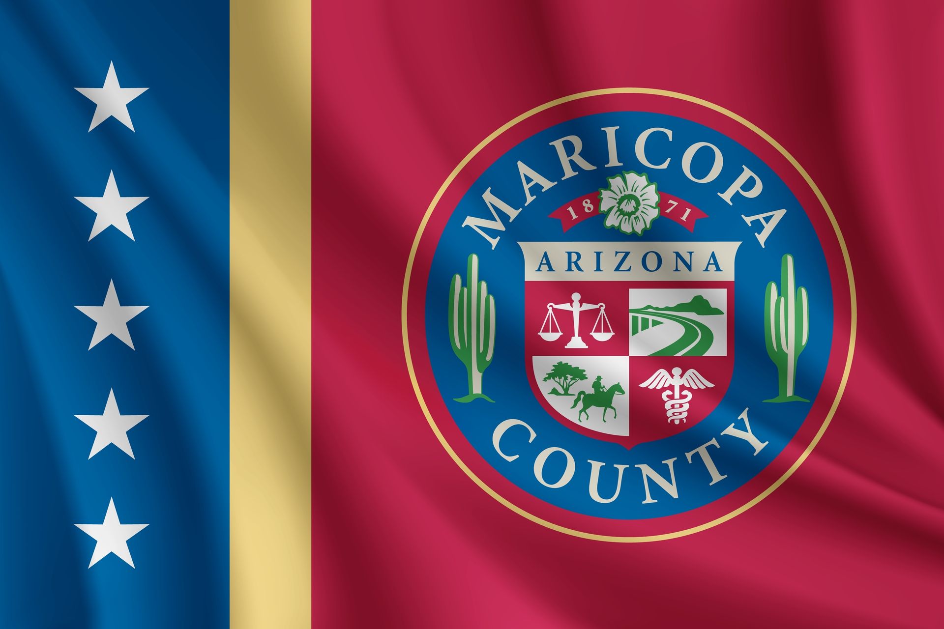 Flag of Maricopa County, Arizona. Features a red field with the county seal, blue and gold vertical stripes, and five white stars.