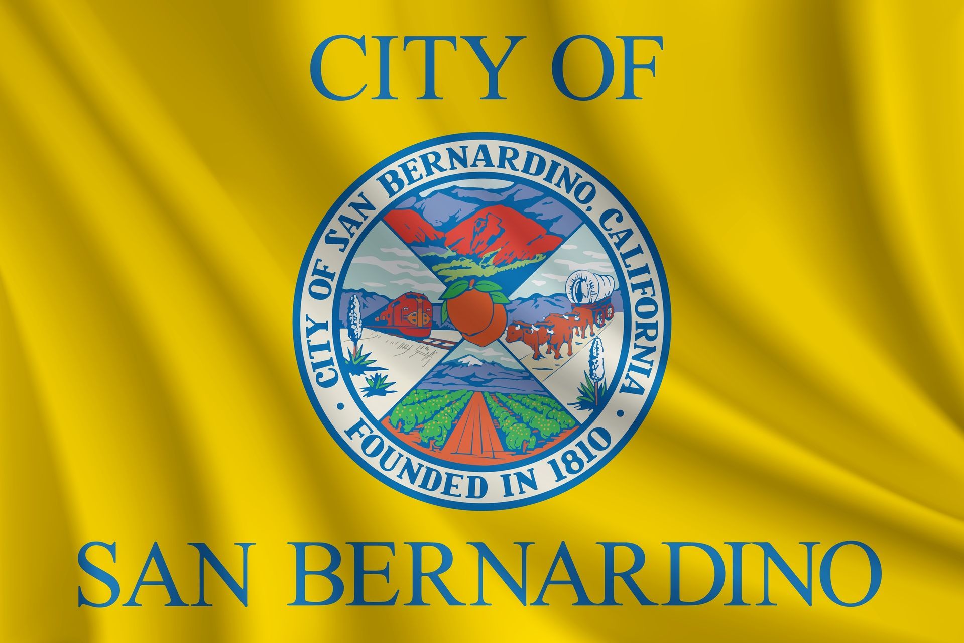 Flag of San Bernardino, California, with the city's seal on a yellow background, and text at the top and bottom.