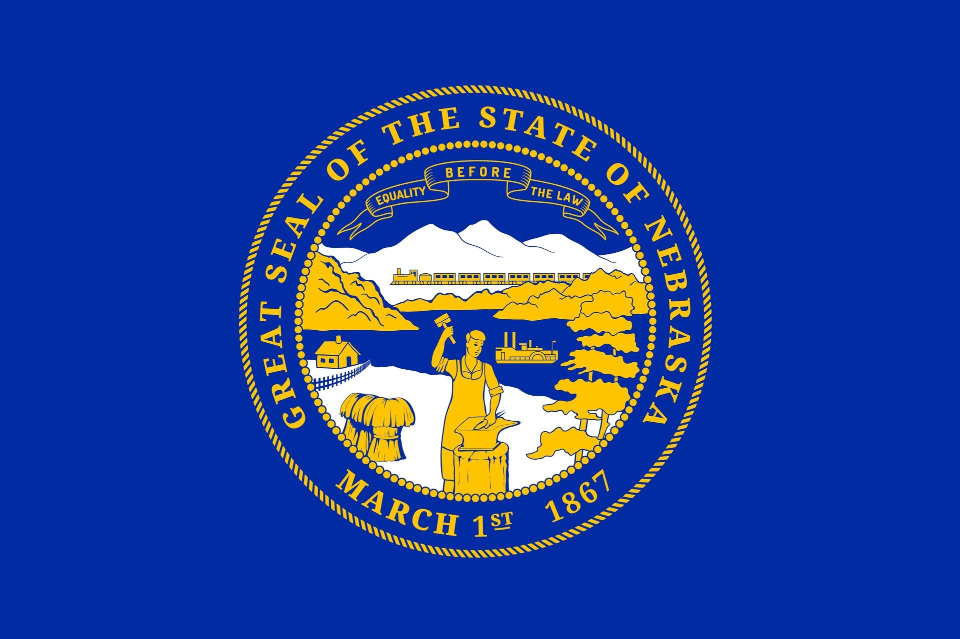 Flag of Nebraska: A blue field with the state seal in the center. The seal features a landscape with mountains, a train, a boat, and a standing figure.