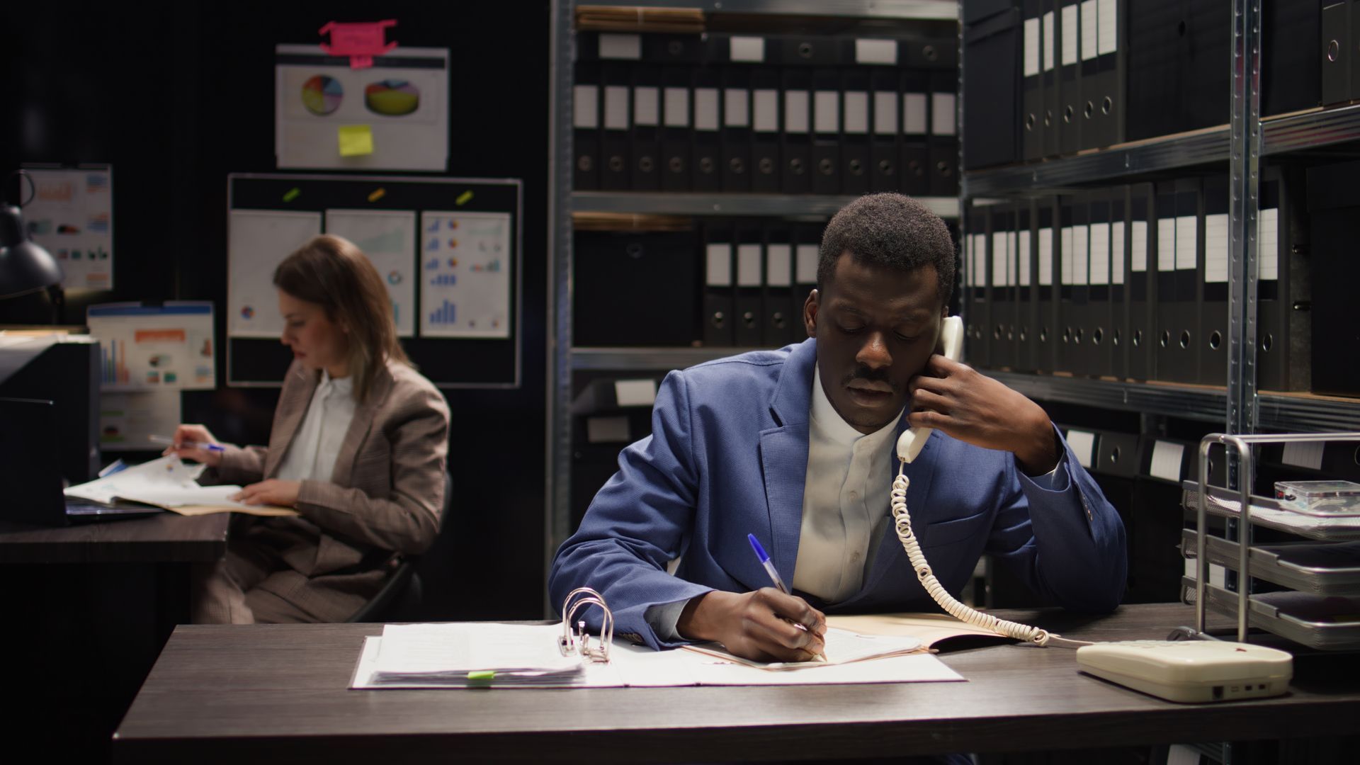 A man in a blue suit is sitting at a desk talking on a phone reviewing key trends in background screening in 2024