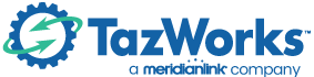 Logo for TazWorks, a meridianlink company, featuring a blue gear with green arrows and blue text.