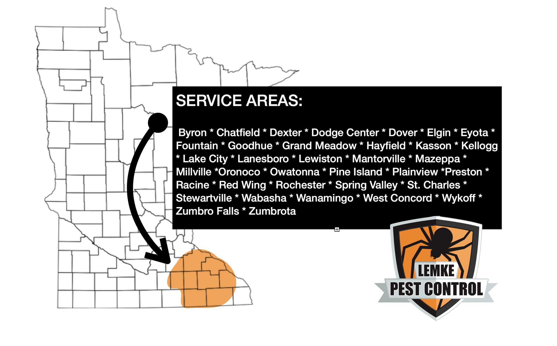 map of Minnesota with highlighted counties served by Lemke Pest