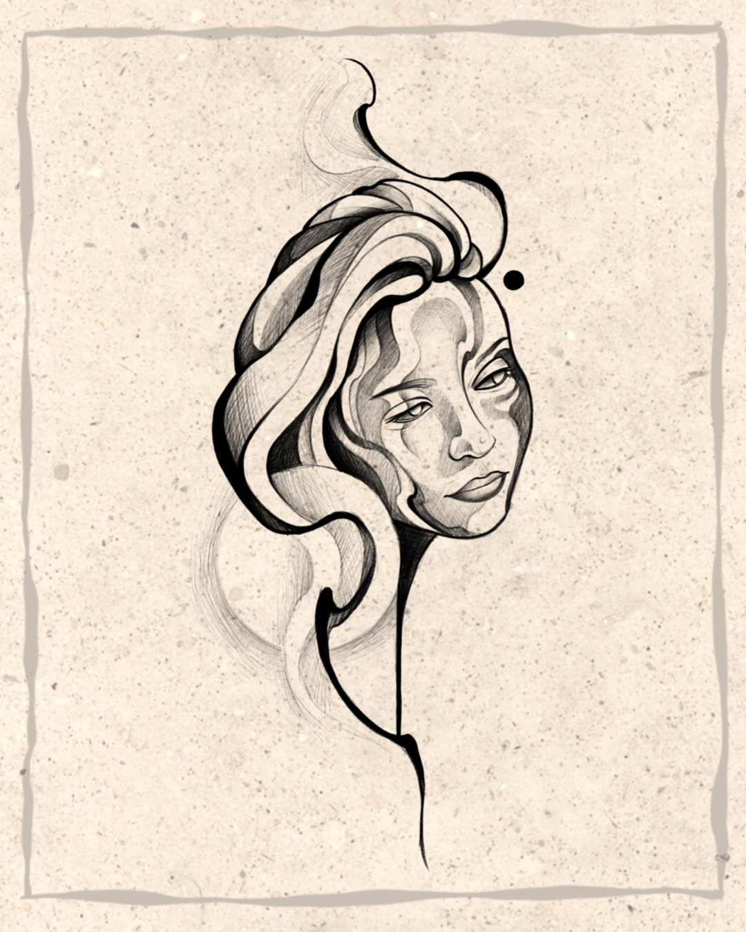 Ink drawing of a woman's face with flowing hair, in grayscale on textured paper.