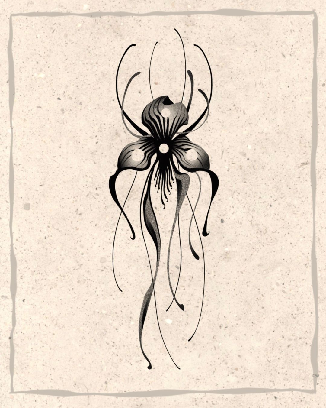 Black and white ink drawing: stylized flower with long, flowing tendrils, on textured paper.