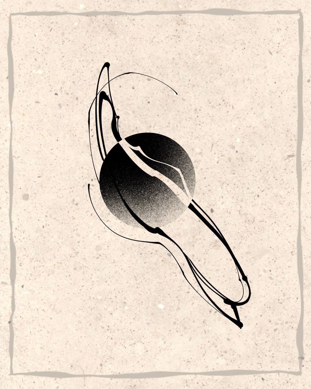 Abstract black and white artwork featuring a shaded sphere and curving lines.