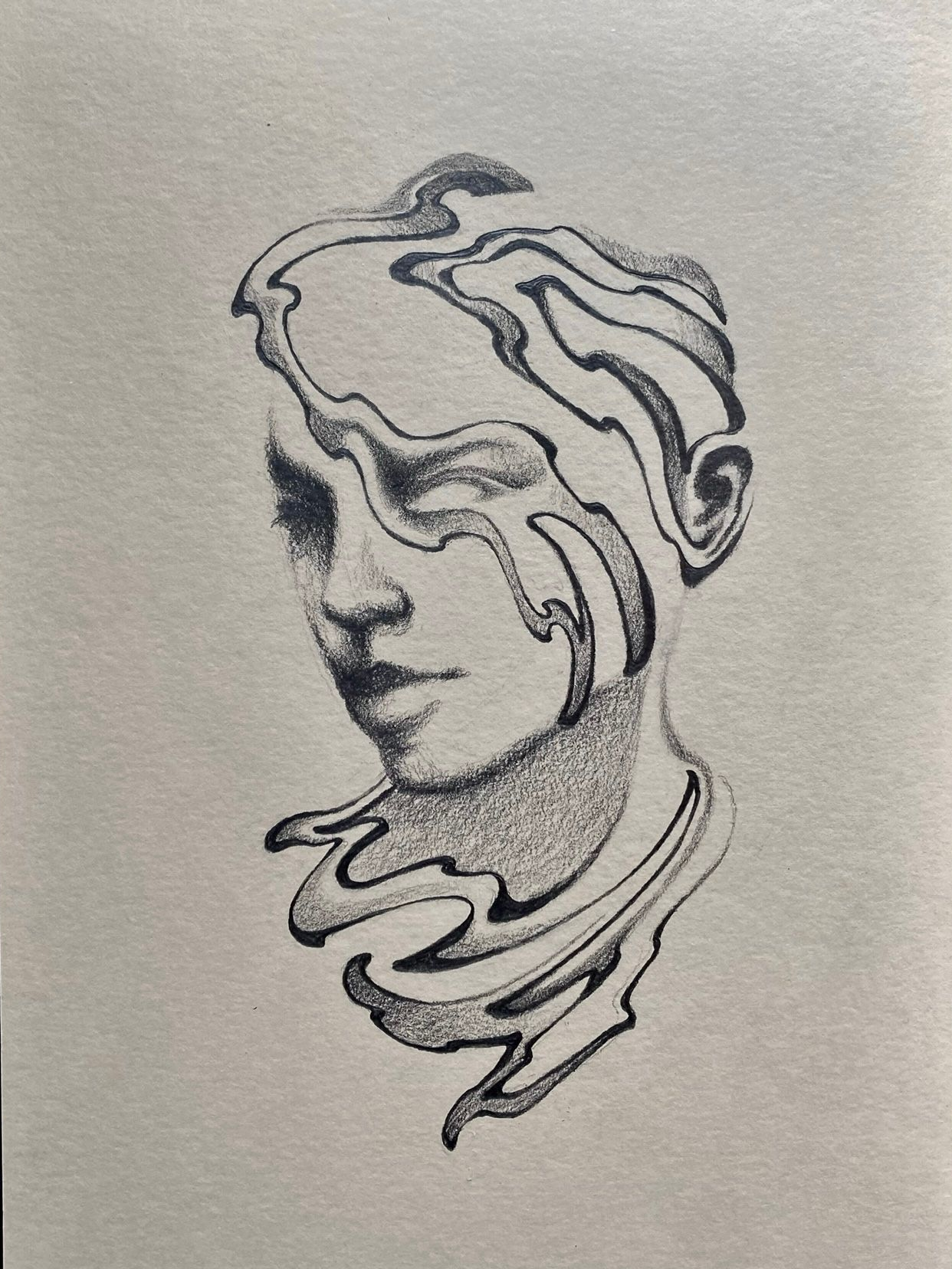 Portrait of a person with distorted features and stippling, created with ink on paper.