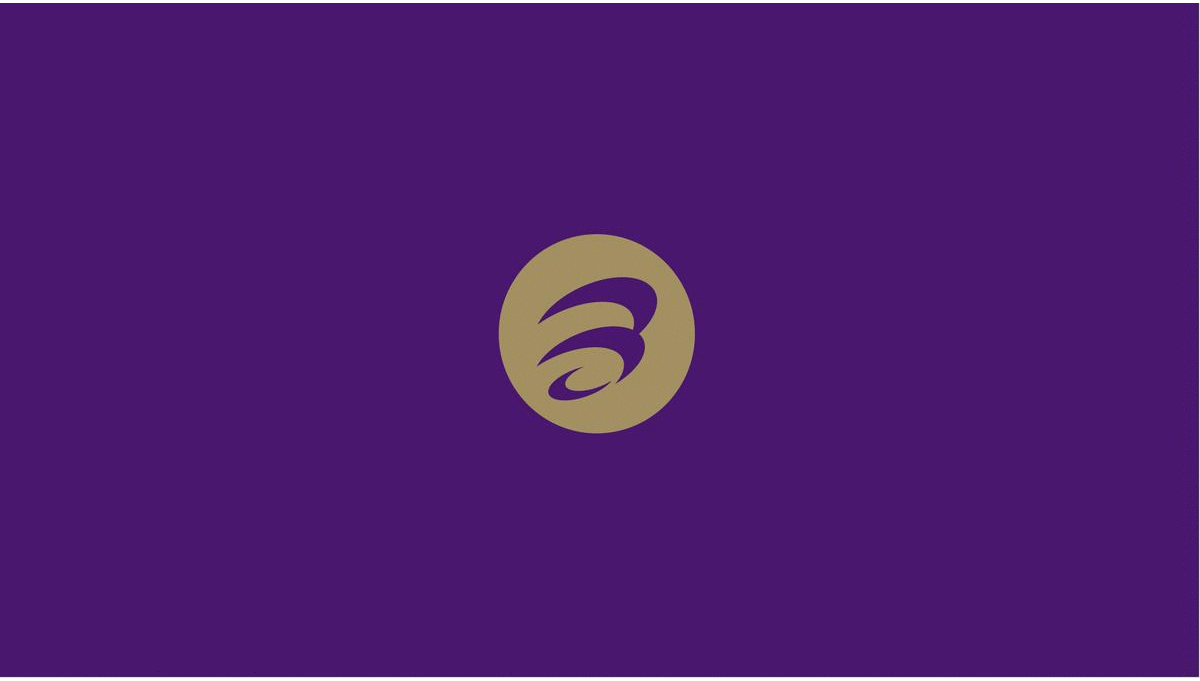 A purple background with a gold logo on it