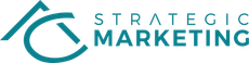 A logo for strategic marketing with a blue arrow and the words strategic marketing