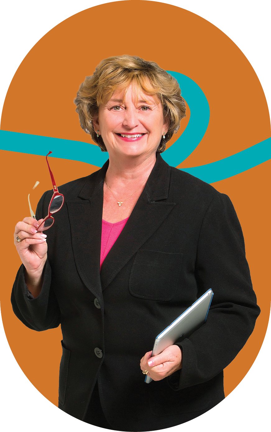A woman in a suit is holding glasses and a tablet