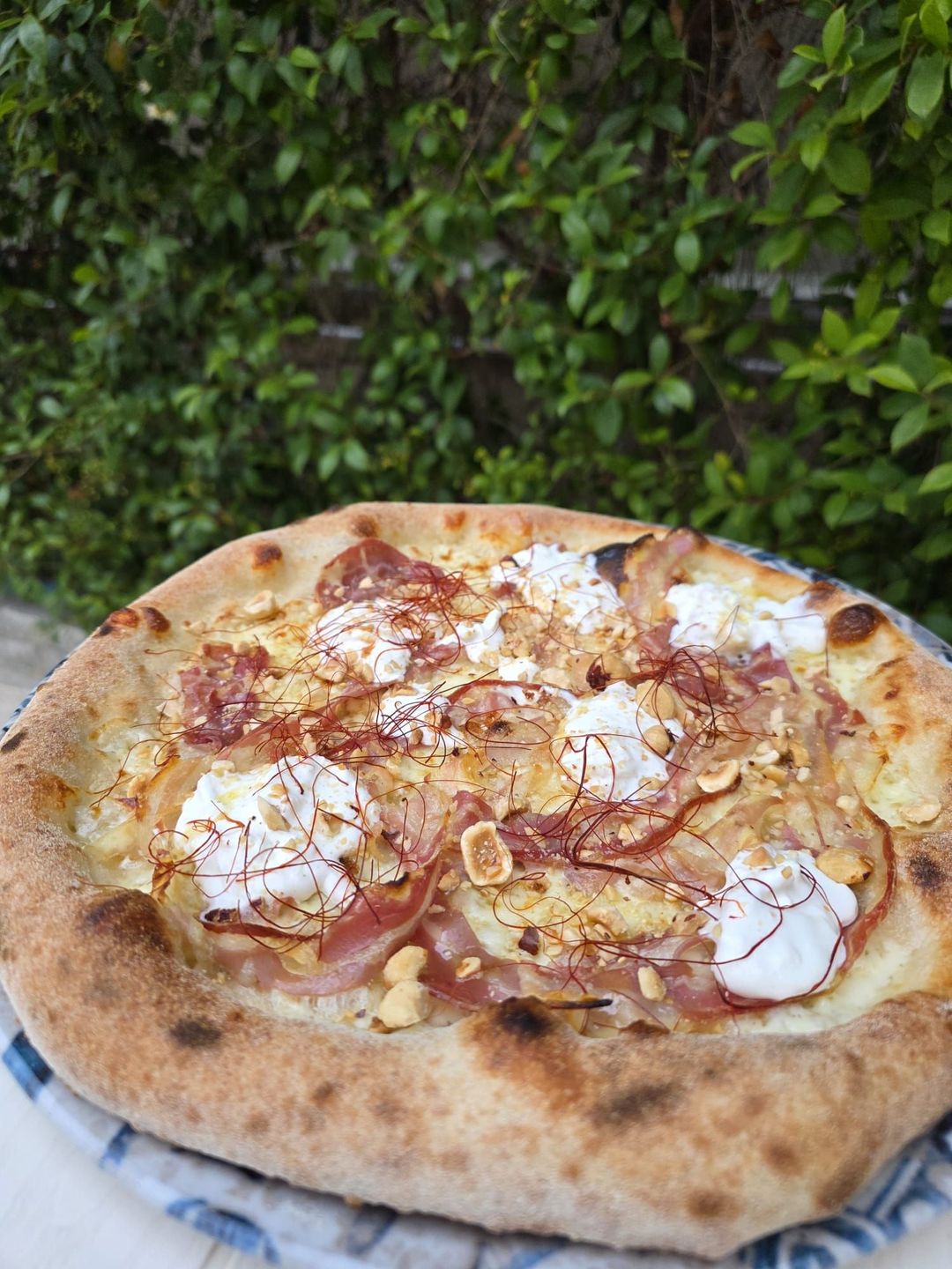 Pizza con formaggio fuso e condimenti su un piatto, sullo sfondo di una vegetazione verde.
