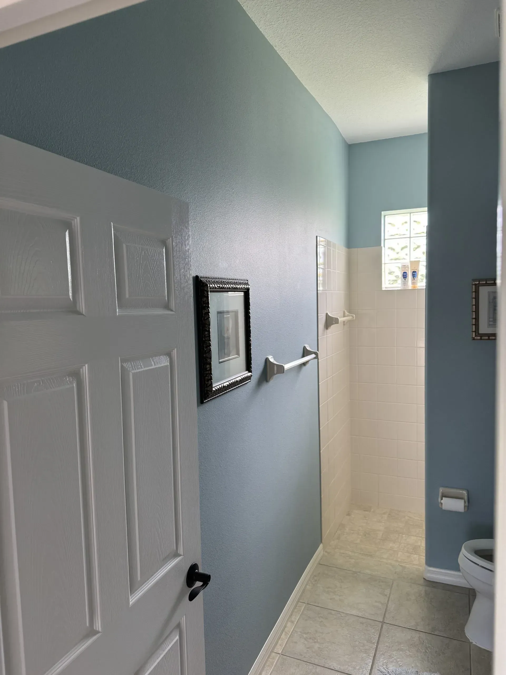 Narrow bathroom with blue walls, white door, mirror, towel rack, and toilet near a small window.