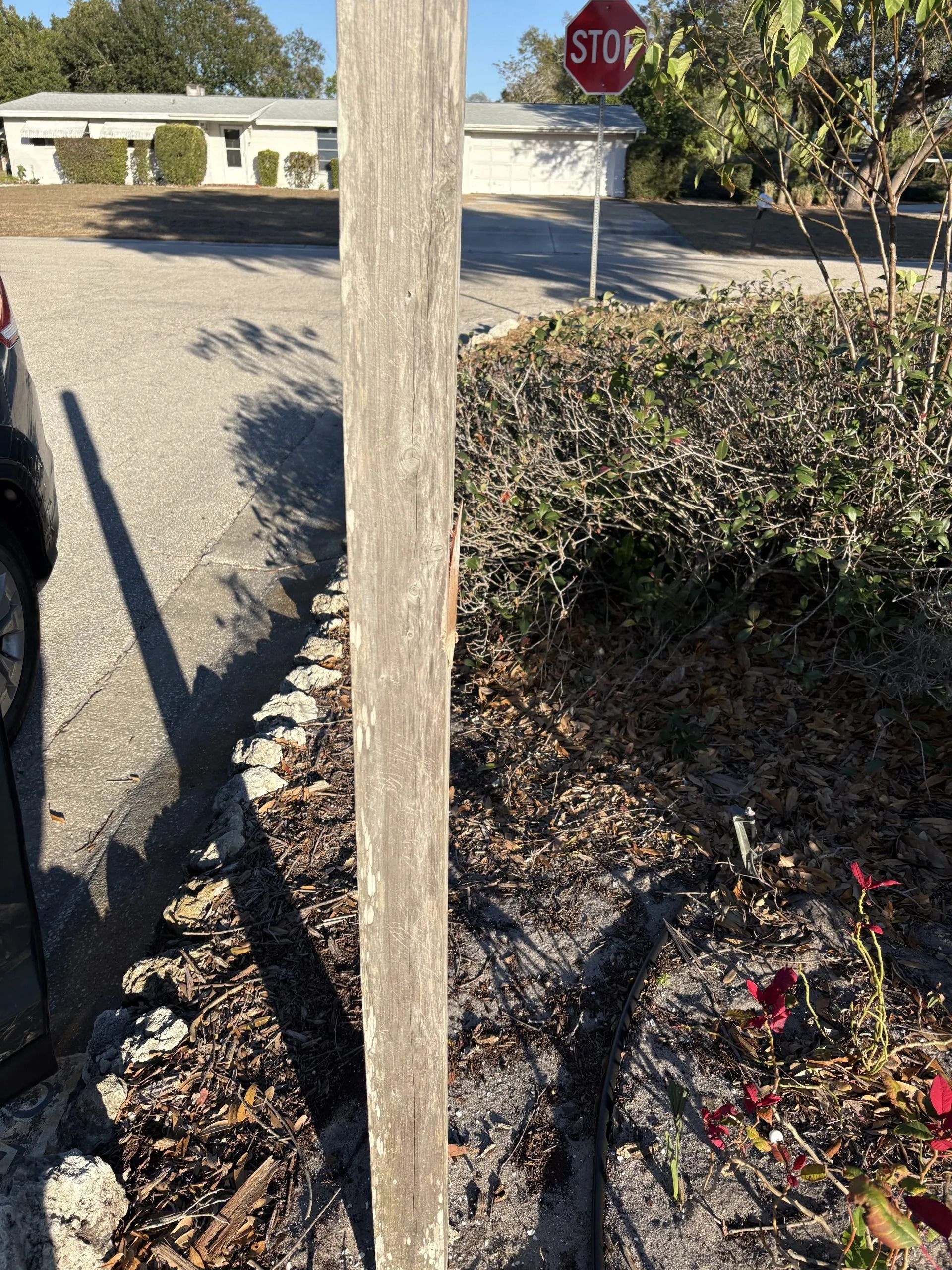 Wooden utility pole beside a sidewalk with a stop sign and shrubs in a sunny residential area