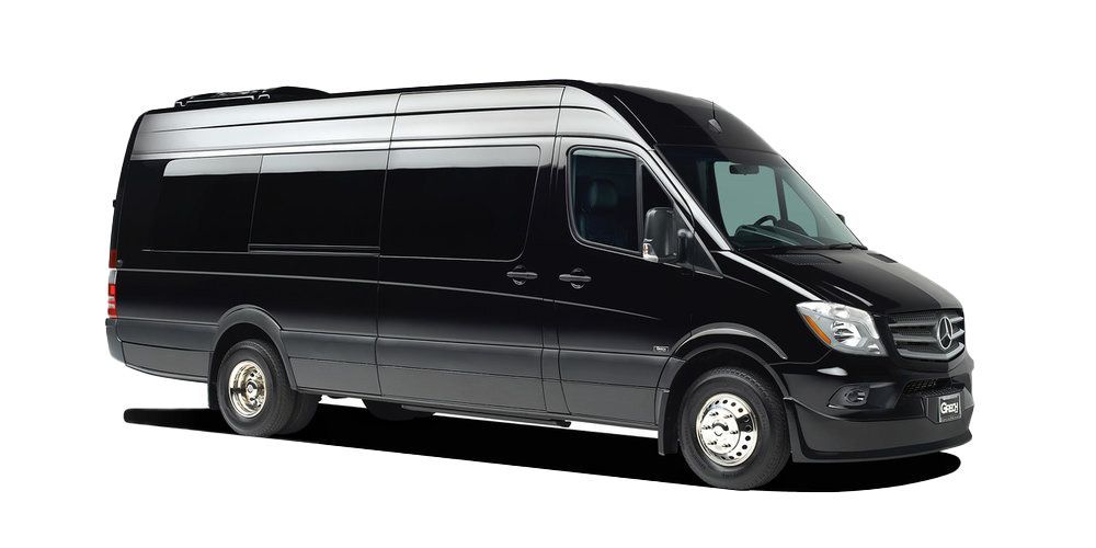 A black van is parked on a white background.