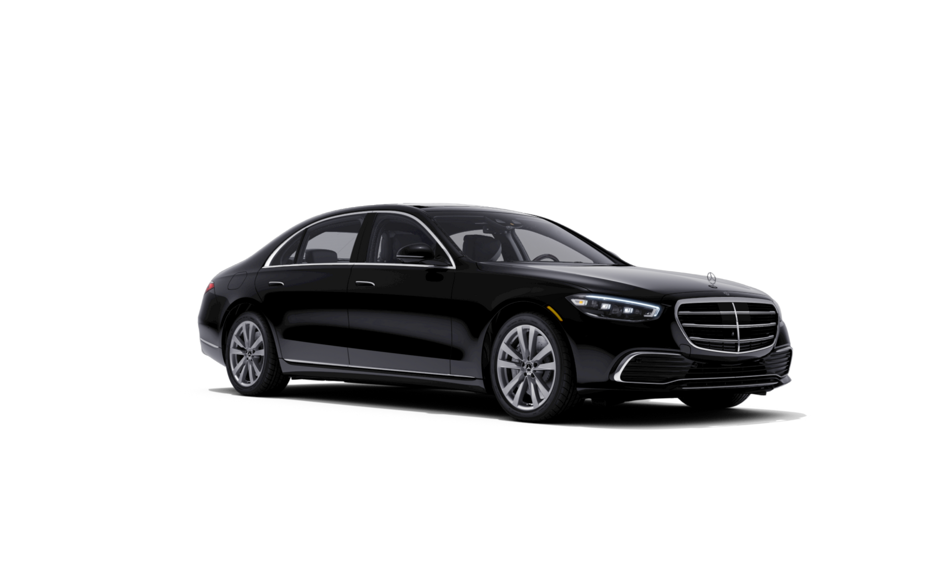A black mercedes benz s class is shown on a white background.