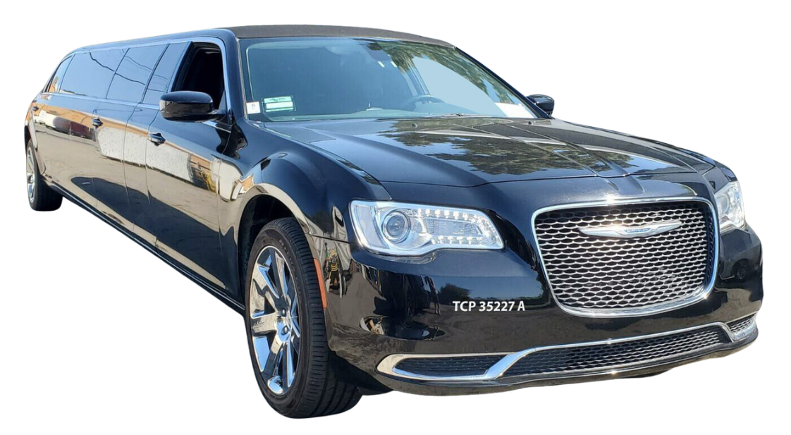 A black limousine is parked on a white background.