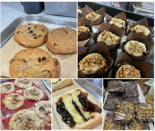 Baked goods: cookies, muffins, danishes, and brownies on trays.