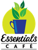 Essentials Café logo. Blue cup, green leaves above, yellow circle background, black text.