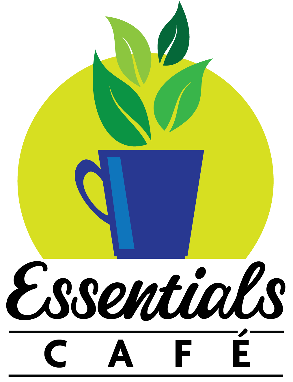Essentials Café logo. Blue cup, green leaves above, yellow circle background, black text.