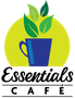 Essentials Café logo. Blue cup, green leaves above, yellow circle background, black text.
