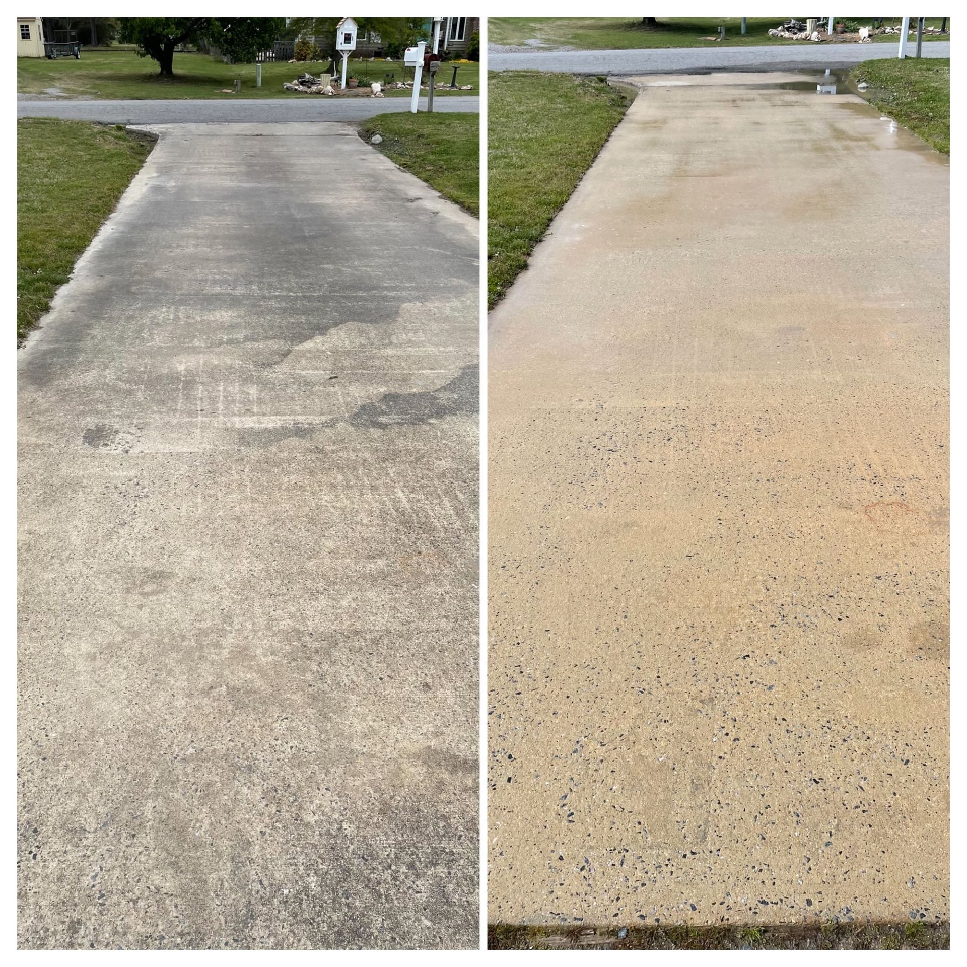 Before-and-after view of a sidewalk, showing worn gray concrete beside a smoother light tan resurfaced path.