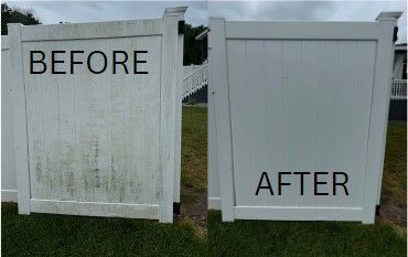 Before-and-after of a white fence panel cleaning, showing dirty left side and clean right side.