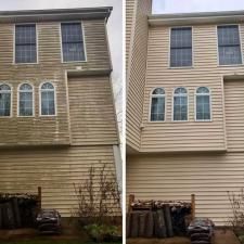 Side-by-side view of a beige house exterior before and after siding replacement.