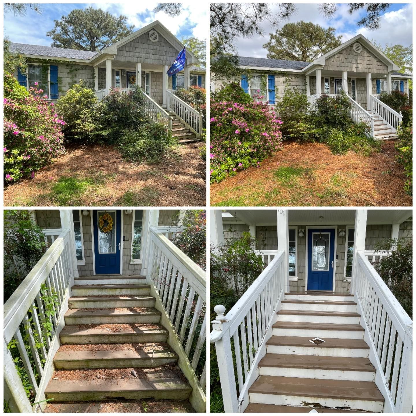 Before-and-after collage of a house entryway and porch stairs, showing fresh paint and improved railing.